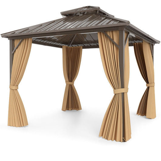 10 X 10 Feet Hardtop Gazebo with Netting and Curtain for Patio Backyard-Coffee